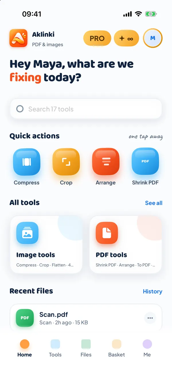 The Aklinki PDF & Images home screen, with quick actions for Compress, Crop, Arrange and Shrink PDF