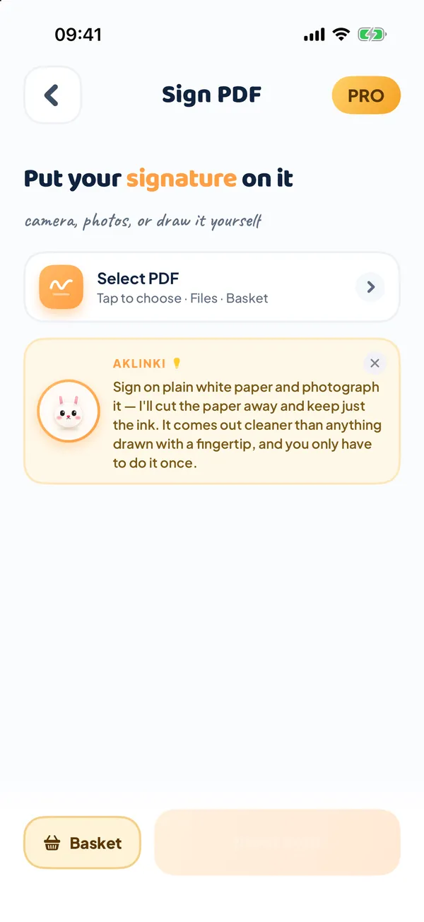 The Sign PDF screen: choose a PDF, then add your signature